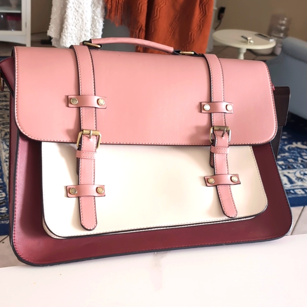 Leather Laptop bag blush pink and burgundy